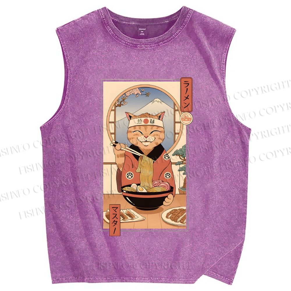 Unisex Ramen Cat Printed Washed Tank Top
