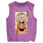 Unisex Ramen Cat Printed Washed Tank Top