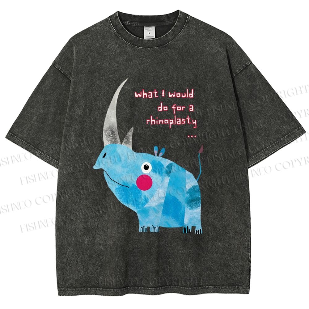 Unisex Blue Rhinoceros Printed Washed Tee
