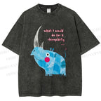 Unisex Blue Rhinoceros Printed Washed Tee