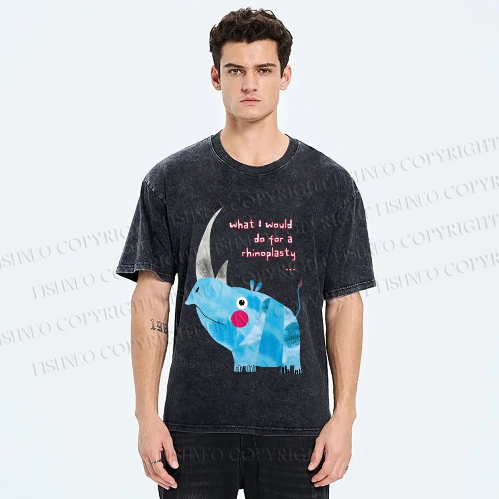 Unisex Blue Rhinoceros Printed Washed Tee