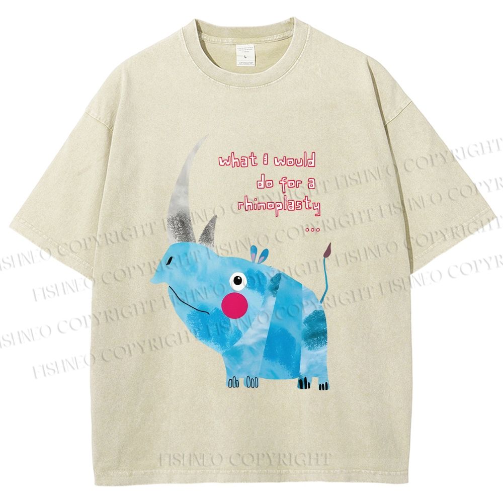 Unisex Blue Rhinoceros Printed Washed Tee