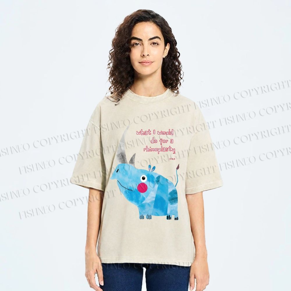 Unisex Blue Rhinoceros Printed Washed Tee