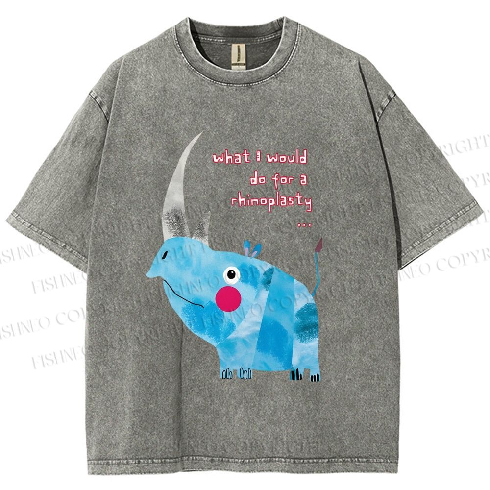 Unisex Blue Rhinoceros Printed Washed Tee