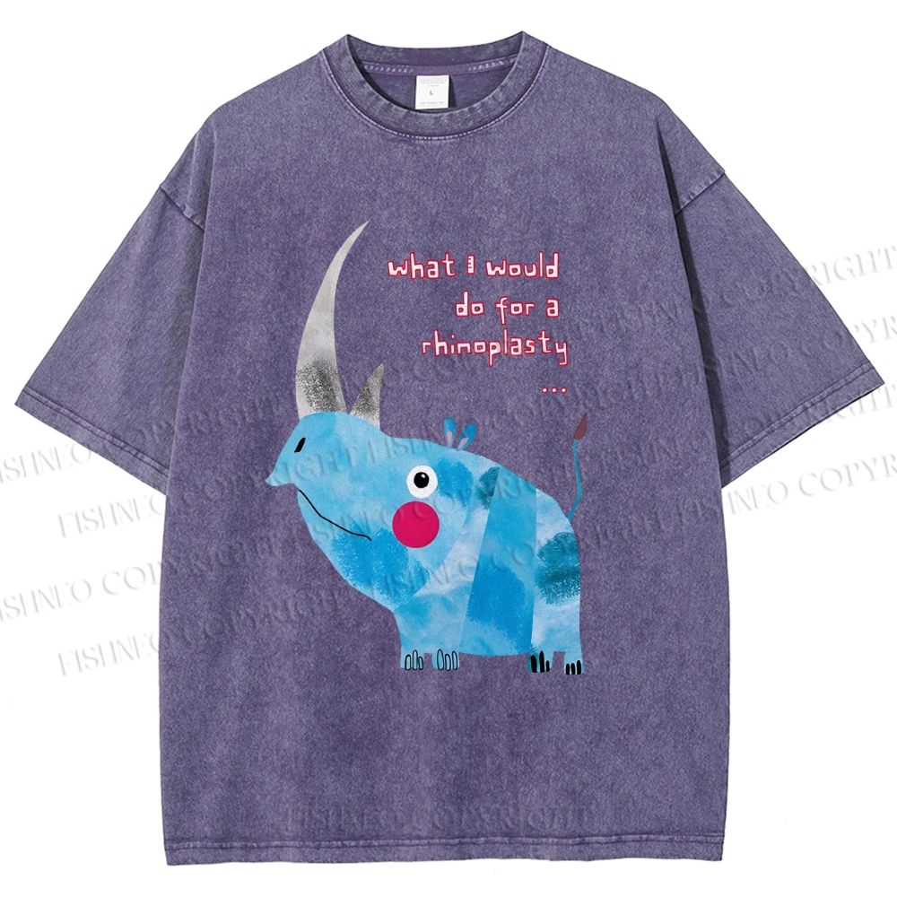 Unisex Blue Rhinoceros Printed Washed Tee