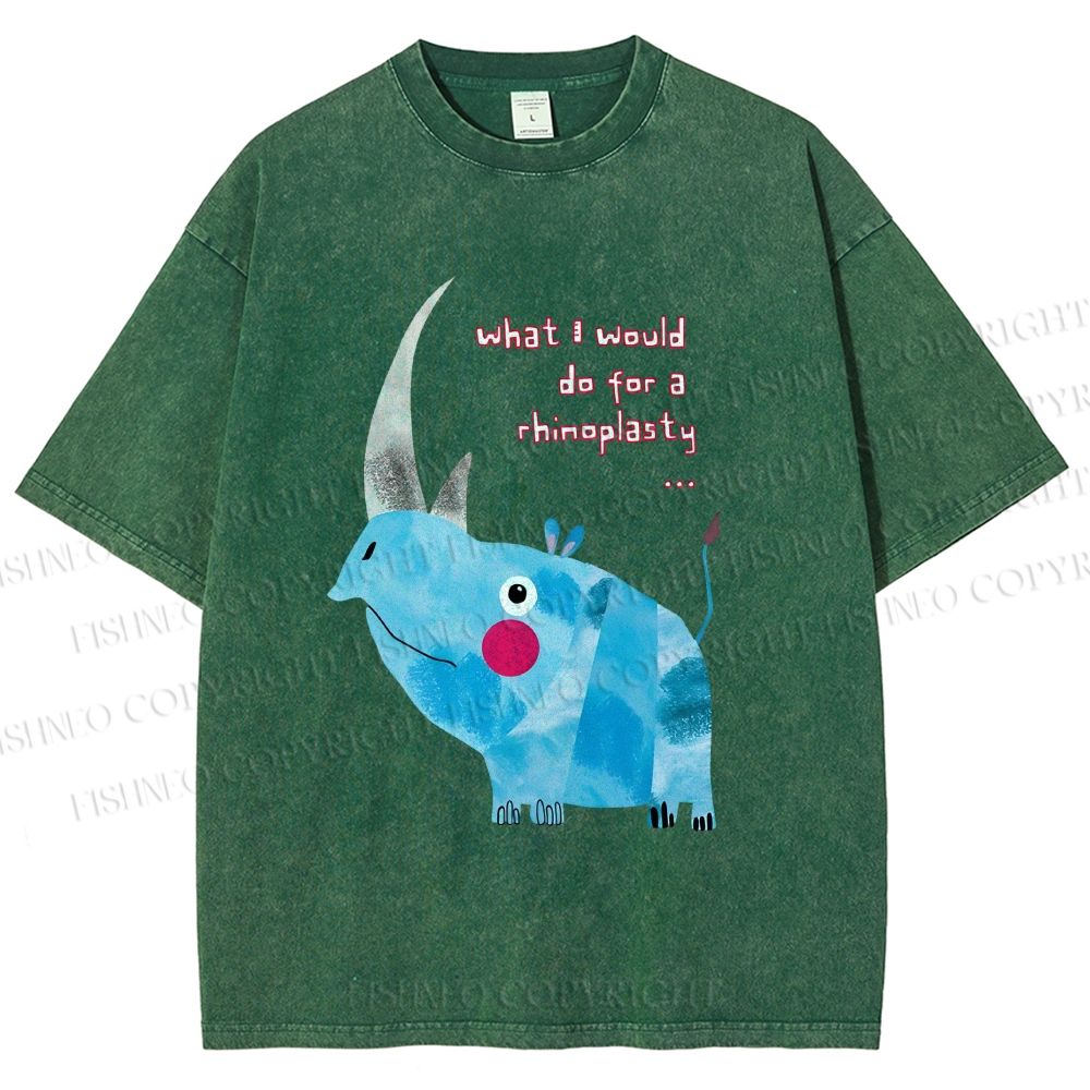 Unisex Blue Rhinoceros Printed Washed Tee