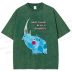 Unisex Blue Rhinoceros Printed Washed Tee