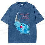 Unisex Blue Rhinoceros Printed Washed Tee