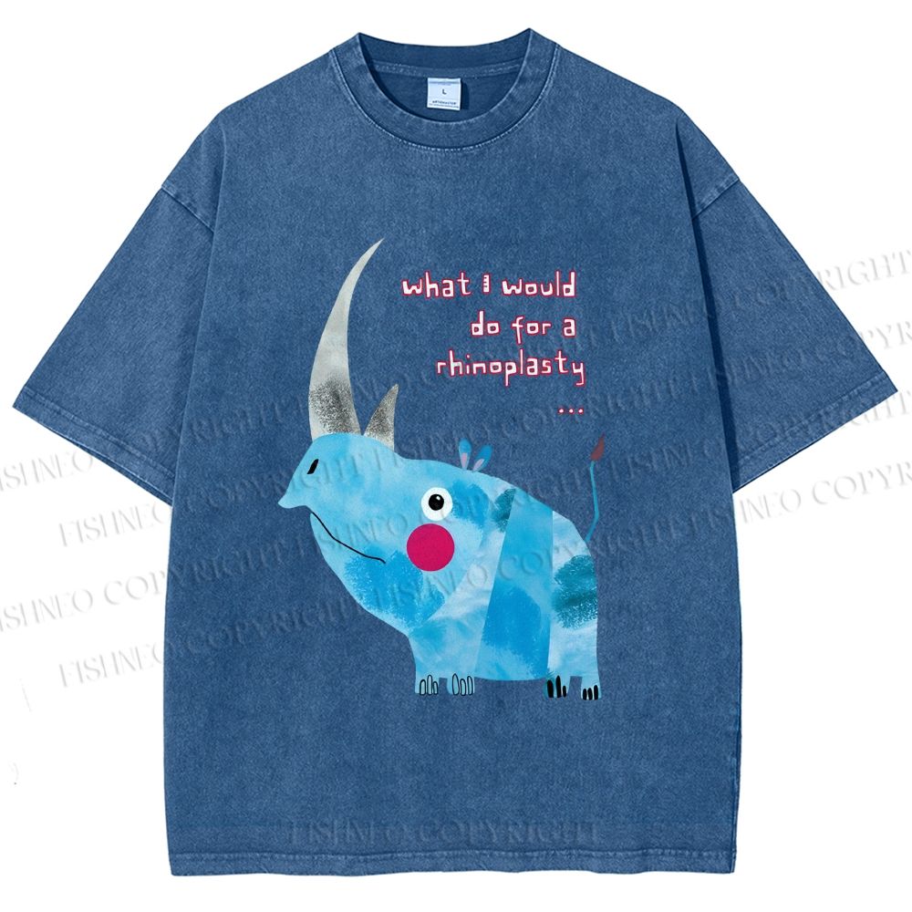 Unisex Blue Rhinoceros Printed Washed Tee