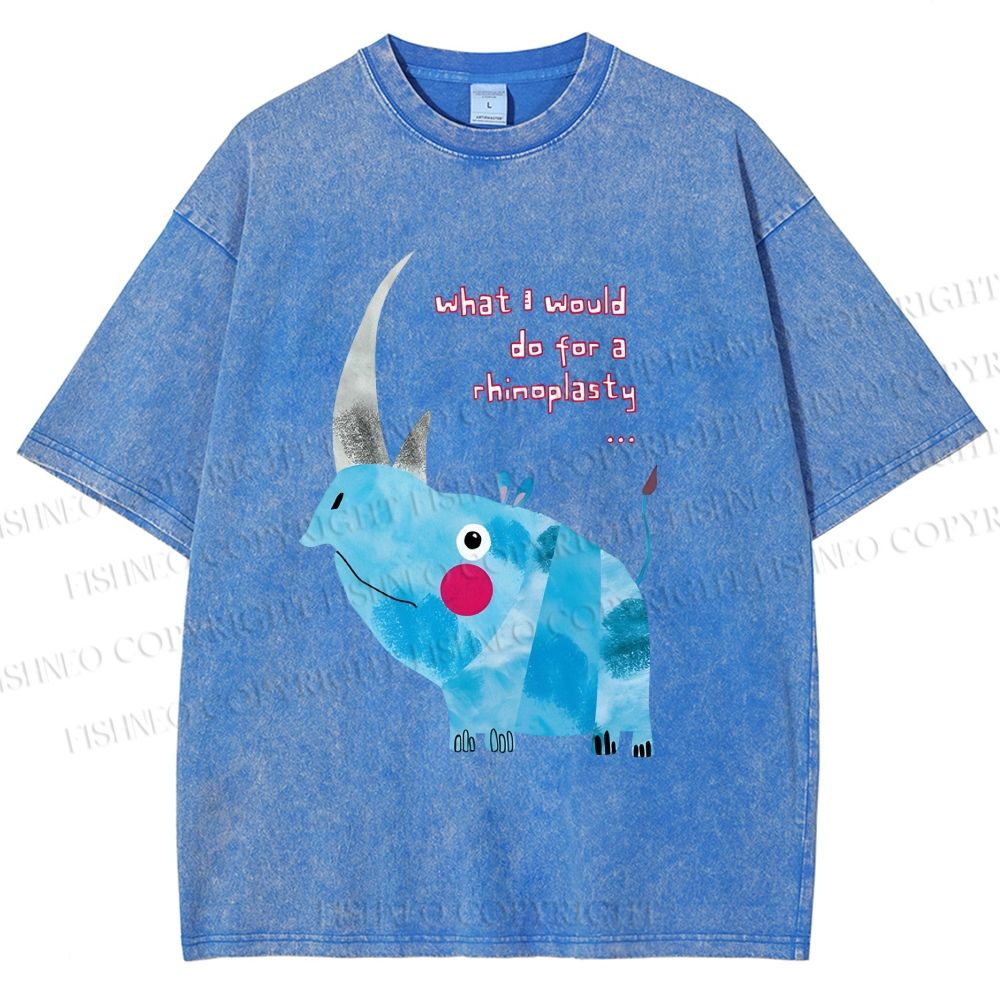 Unisex Blue Rhinoceros Printed Washed Tee