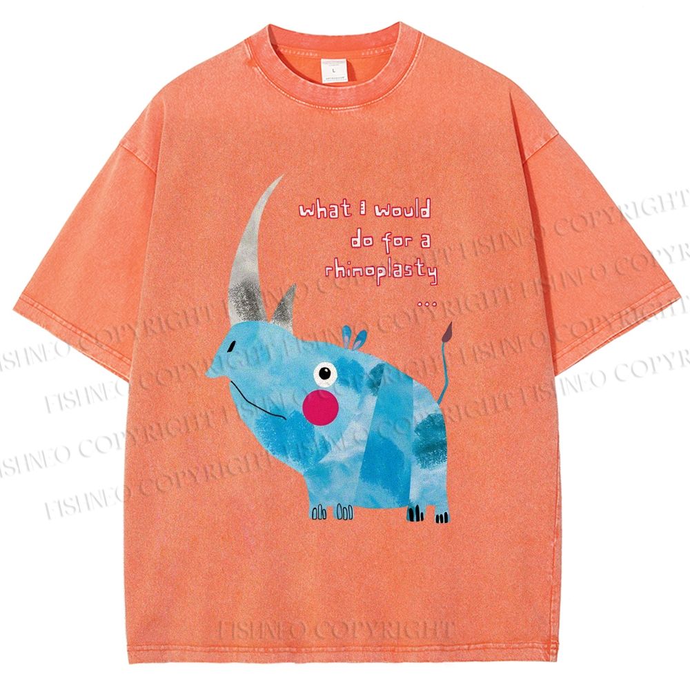 Unisex Blue Rhinoceros Printed Washed Tee