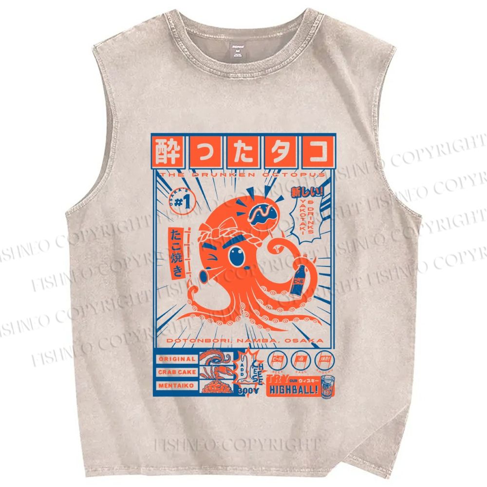 Unisex The Drunken Octopus Printed Washed Tank Top