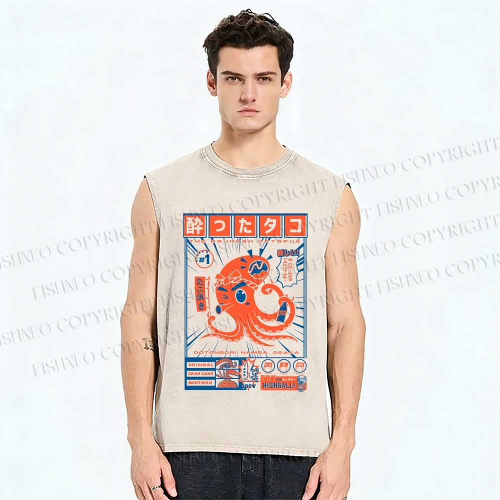 Unisex The Drunken Octopus Printed Washed Tank Top