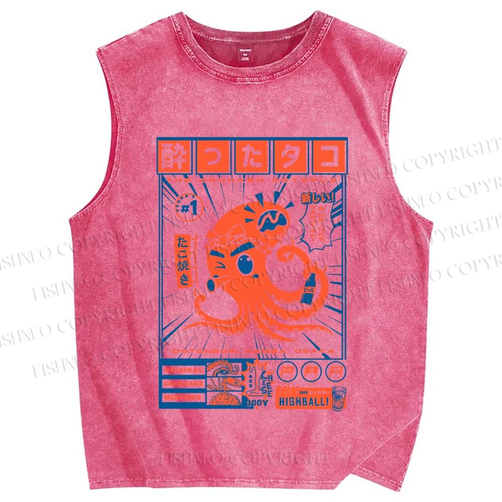 Unisex The Drunken Octopus Printed Washed Tank Top