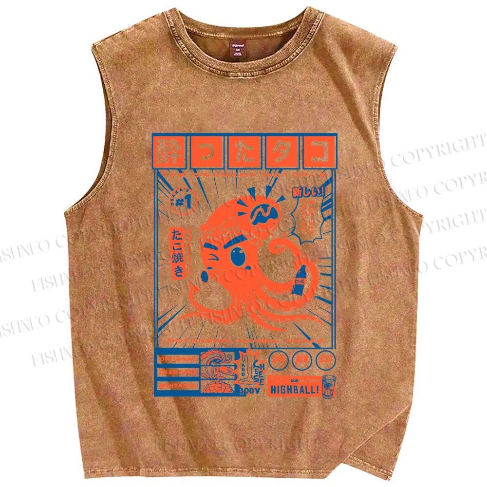 Unisex The Drunken Octopus Printed Washed Tank Top