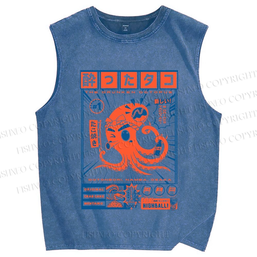 Unisex The Drunken Octopus Printed Washed Tank Top