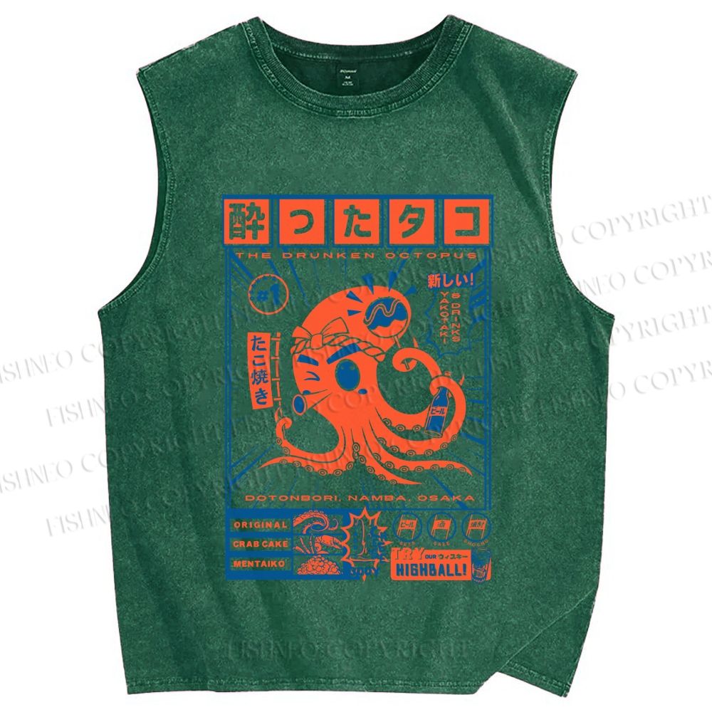 Unisex The Drunken Octopus Printed Washed Tank Top