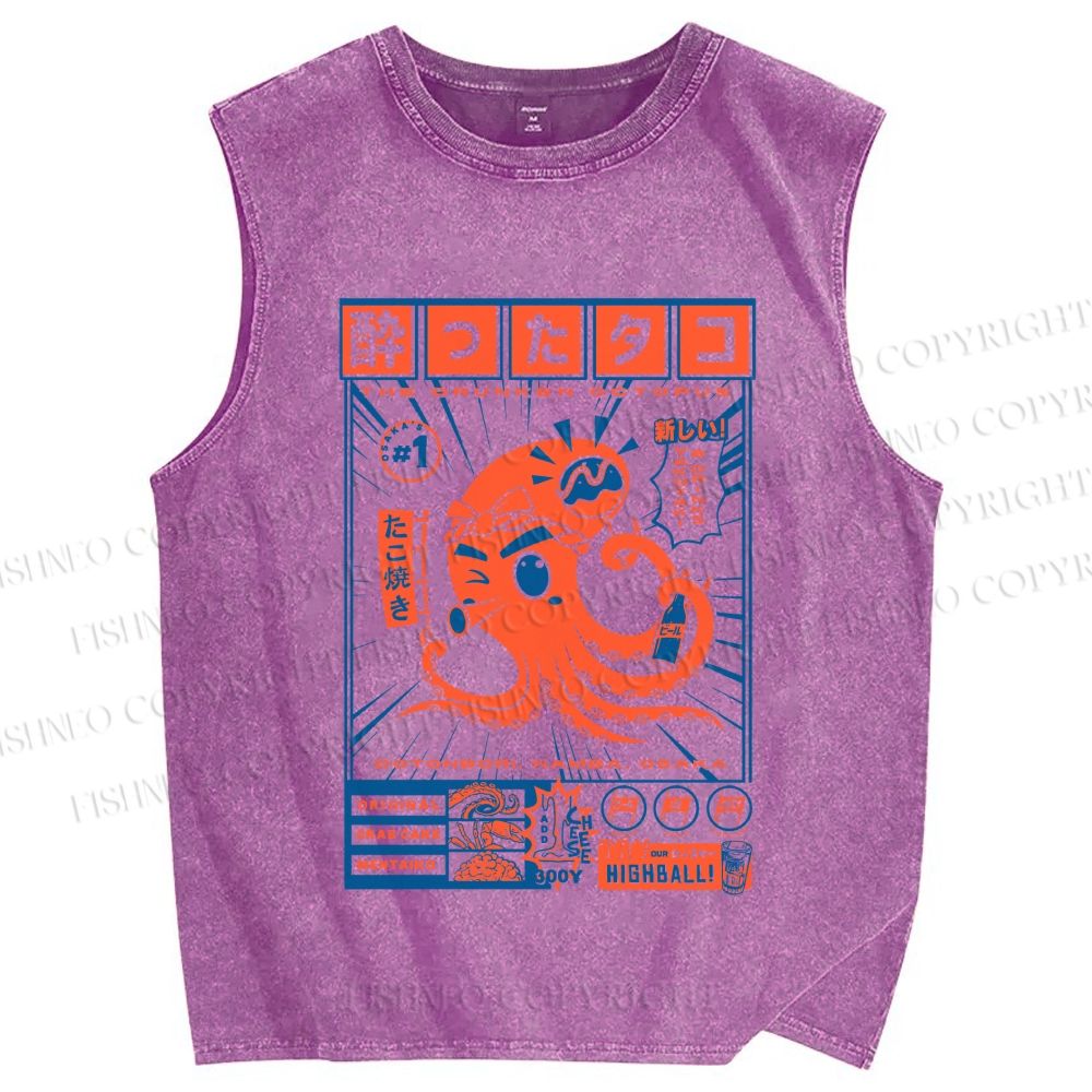 Unisex The Drunken Octopus Printed Washed Tank Top