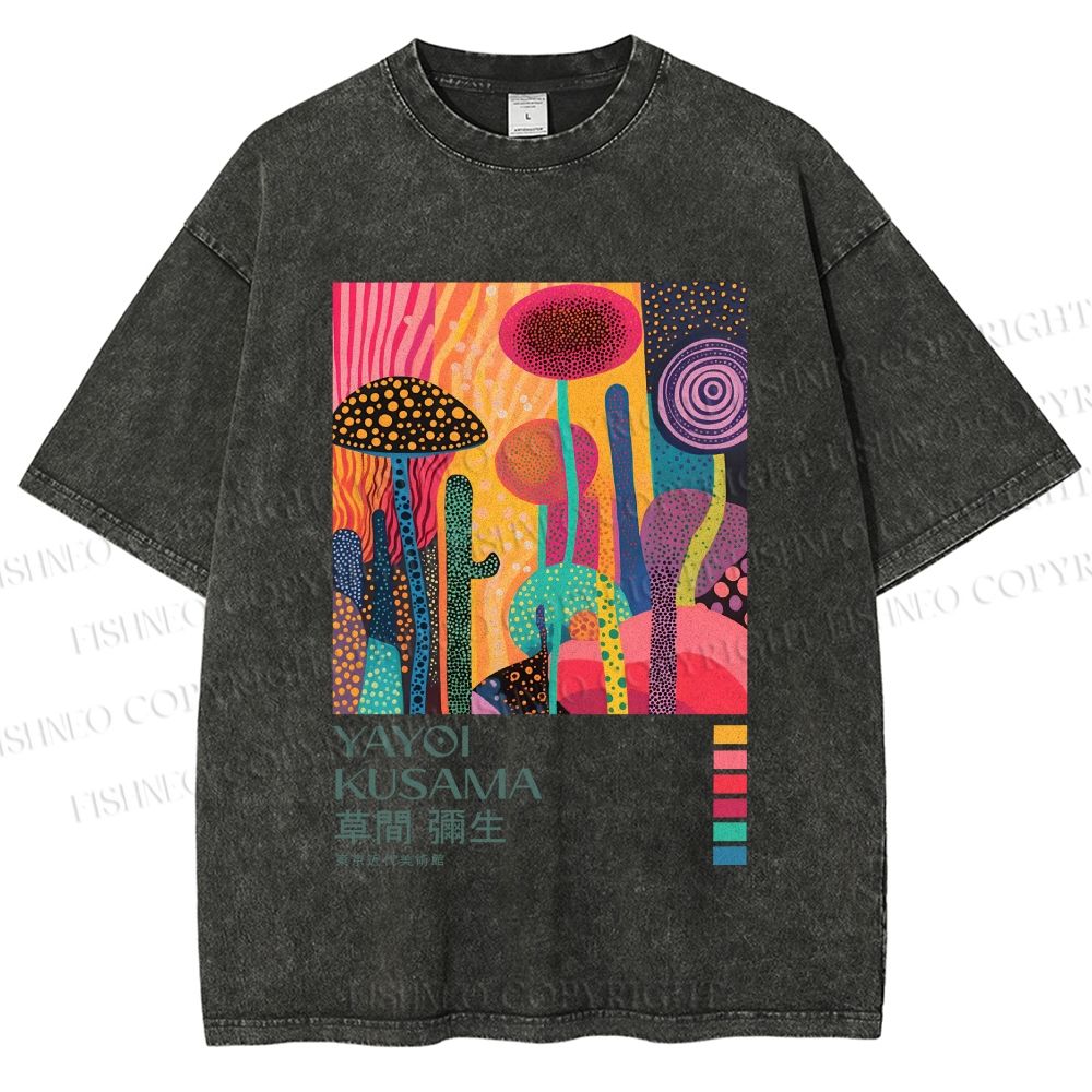Unisex Yayoi Kusama Mushroom Wood Printed Washed Tee