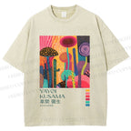 Unisex Yayoi Kusama Mushroom Wood Printed Washed Tee