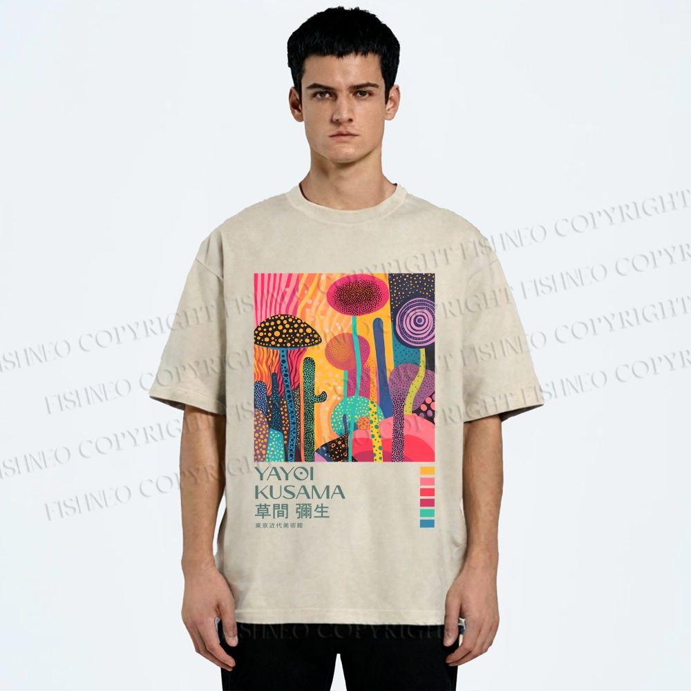 Unisex Yayoi Kusama Mushroom Wood Printed Washed Tee