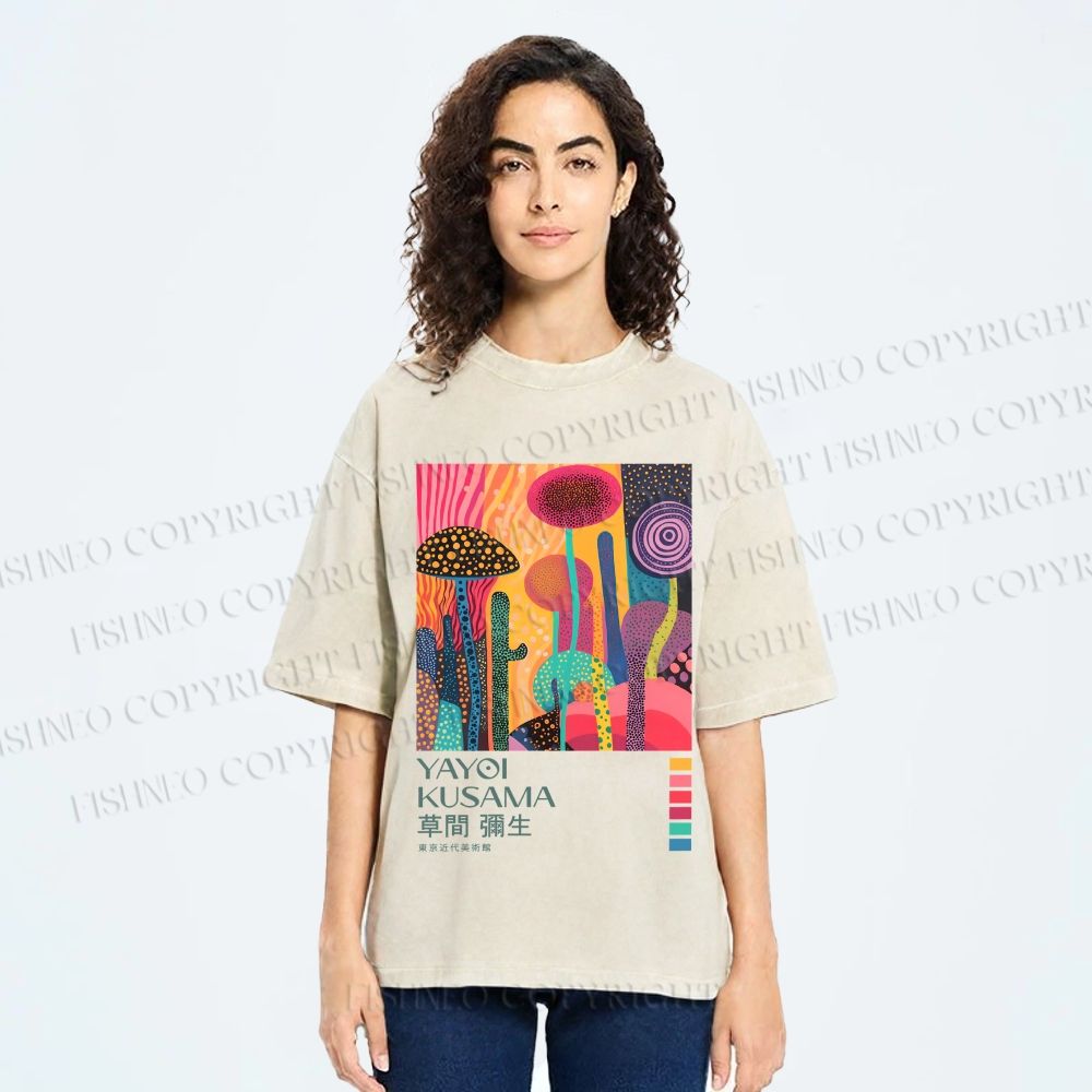 Unisex Yayoi Kusama Mushroom Wood Printed Washed Tee