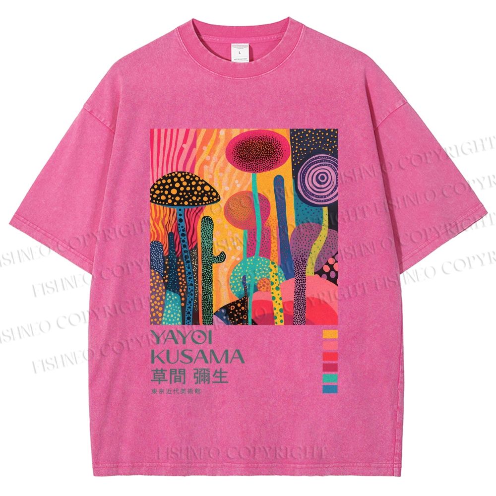 Unisex Yayoi Kusama Mushroom Wood Printed Washed Tee