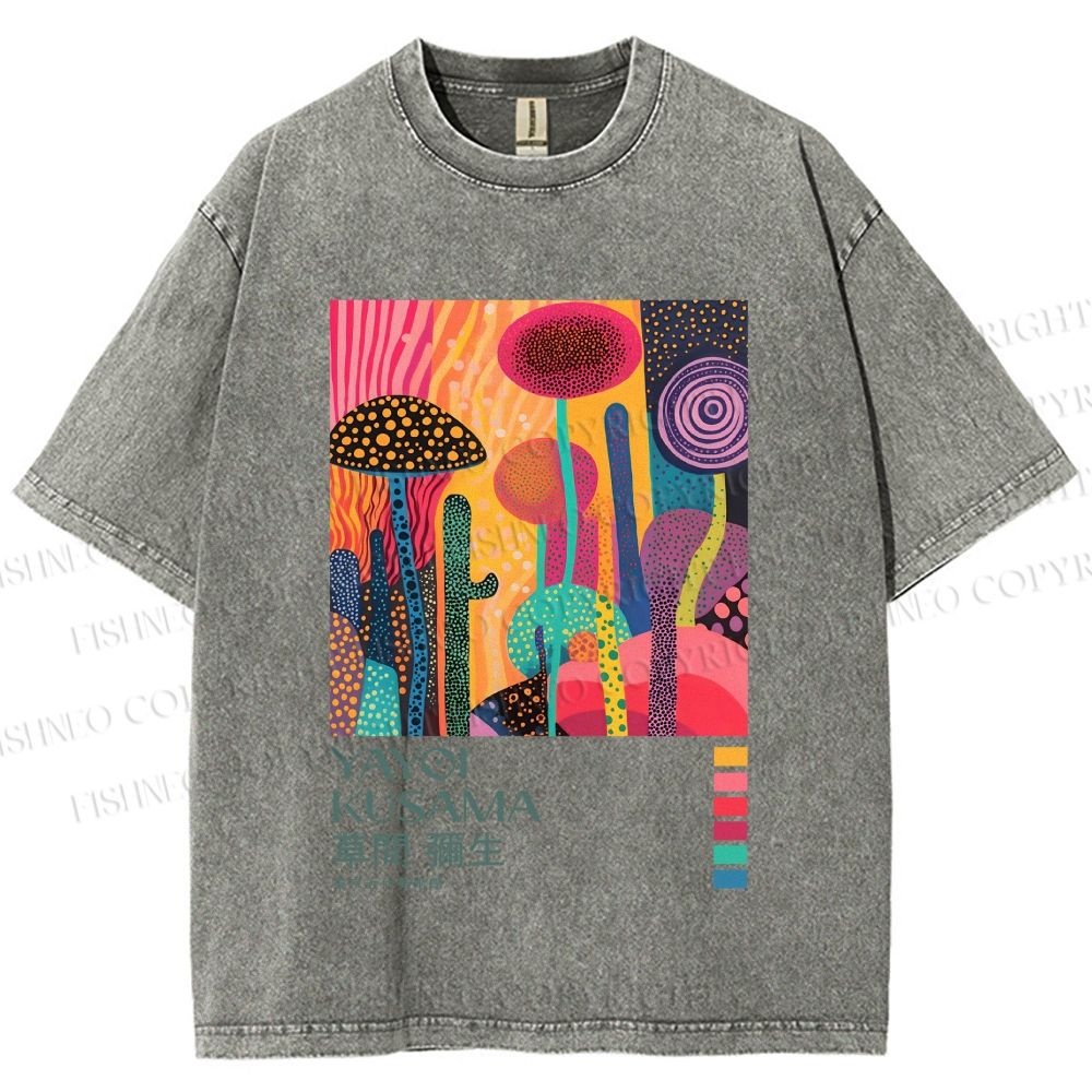 Unisex Yayoi Kusama Mushroom Wood Printed Washed Tee