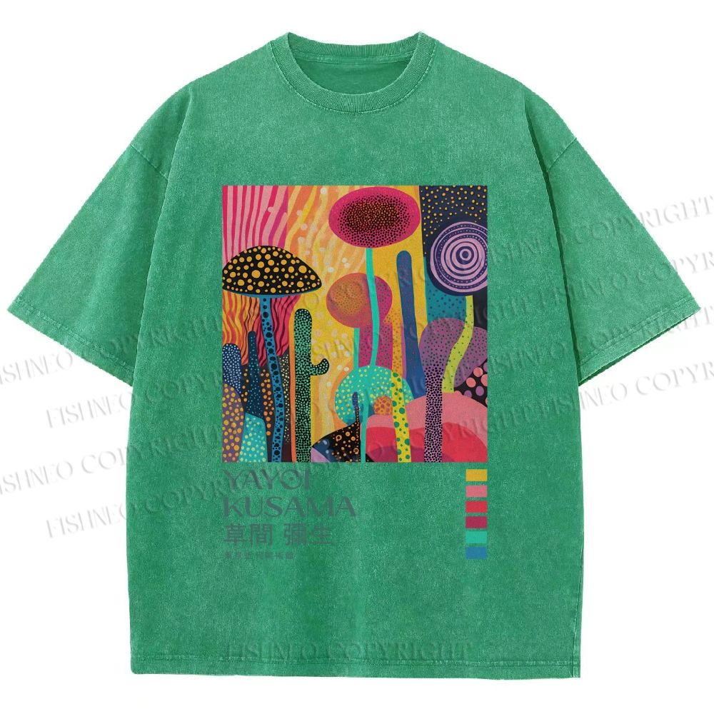 Unisex Yayoi Kusama Mushroom Wood Printed Washed Tee