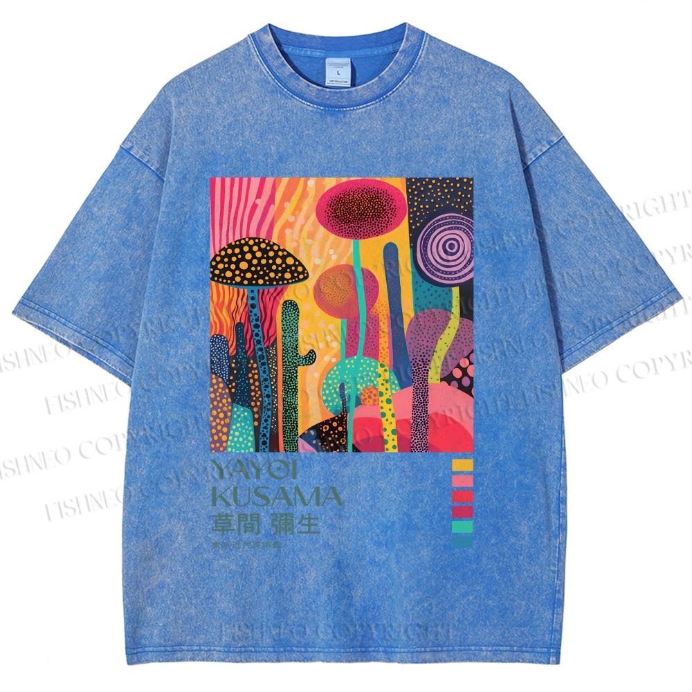 Unisex Yayoi Kusama Mushroom Wood Printed Washed Tee