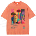 Unisex Yayoi Kusama Mushroom Wood Printed Washed Tee
