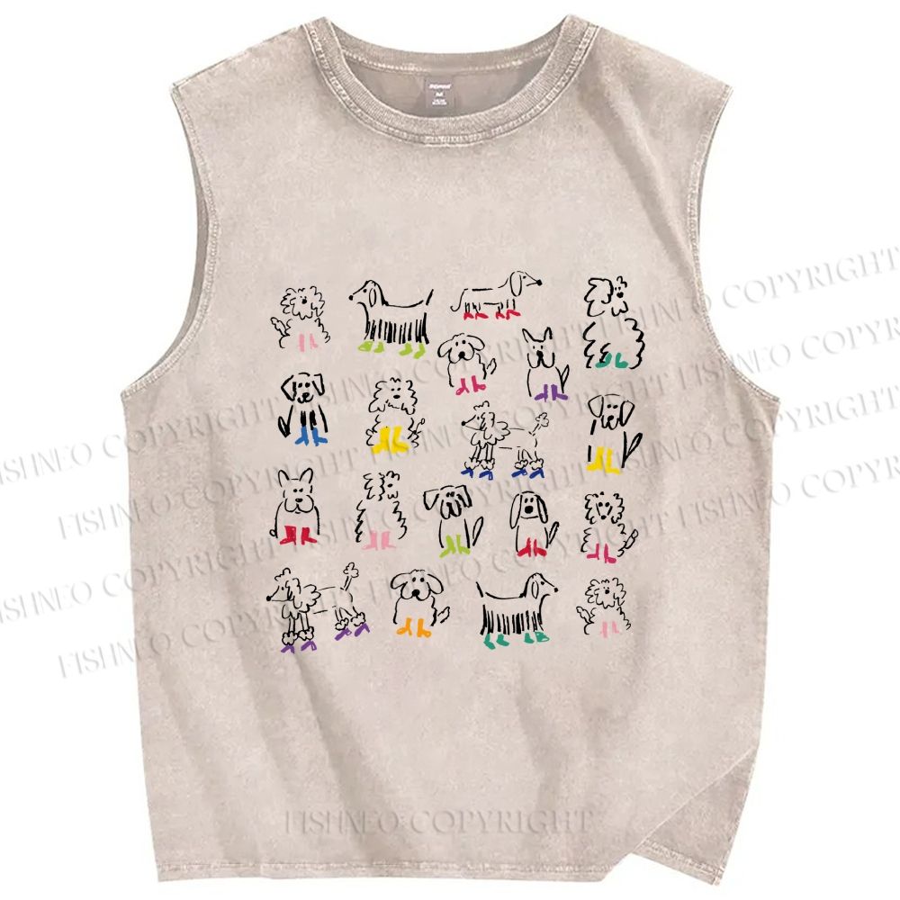 Unisex Hand-Drawing Dogs Printed Washed Tank Top