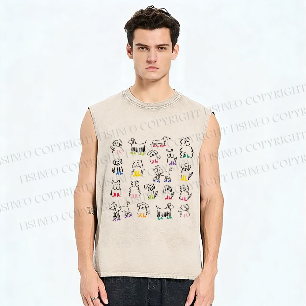 Unisex Hand-Drawing Dogs Printed Washed Tank Top