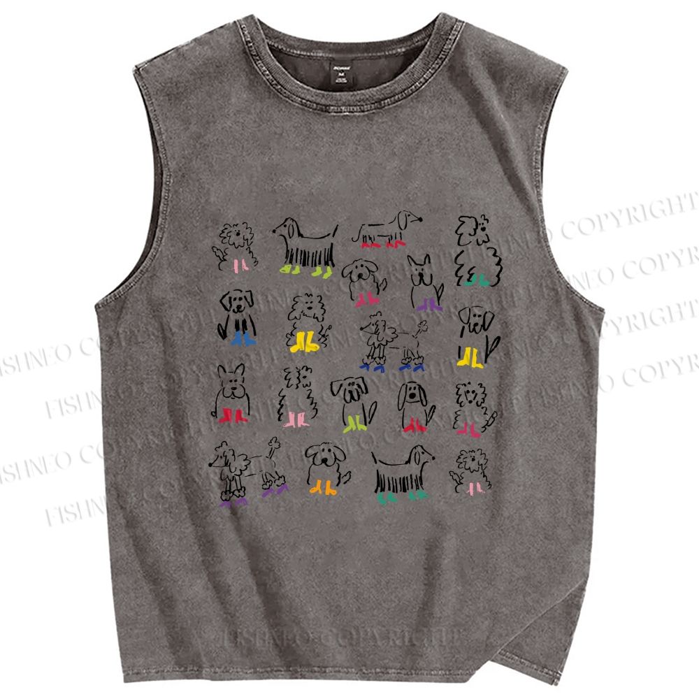 Unisex Hand-Drawing Dogs Printed Washed Tank Top