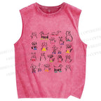 Unisex Hand-Drawing Dogs Printed Washed Tank Top