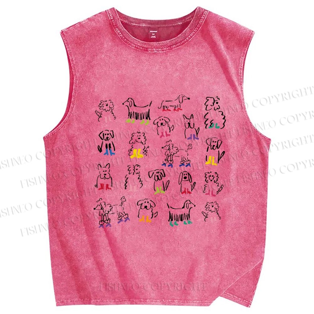 Unisex Hand-Drawing Dogs Printed Washed Tank Top