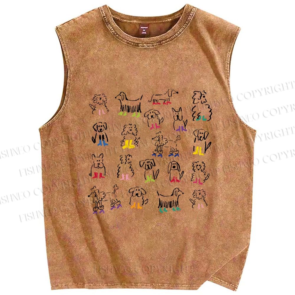 Unisex Hand-Drawing Dogs Printed Washed Tank Top