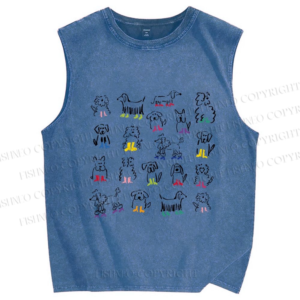 Unisex Hand-Drawing Dogs Printed Washed Tank Top