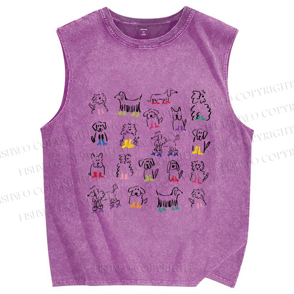 Unisex Hand-Drawing Dogs Printed Washed Tank Top