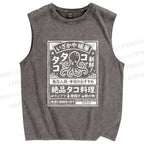 Unisex Japanese Octopus Restaurant Printed Washed Tank Top
