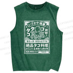 Unisex Japanese Octopus Restaurant Printed Washed Tank Top