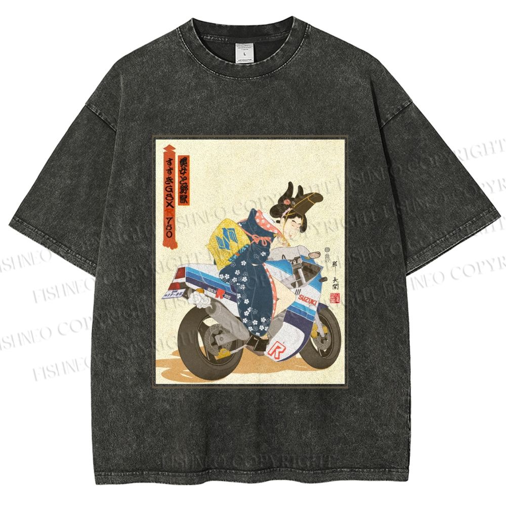 Unisex Modern Ukiyo-e Printed Washed Tee