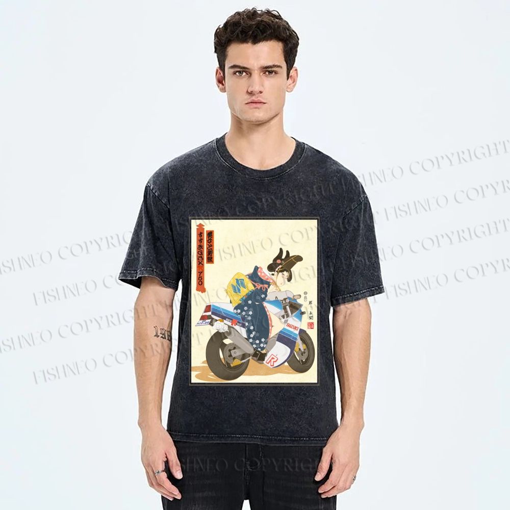 Unisex Modern Ukiyo-e Printed Washed Tee