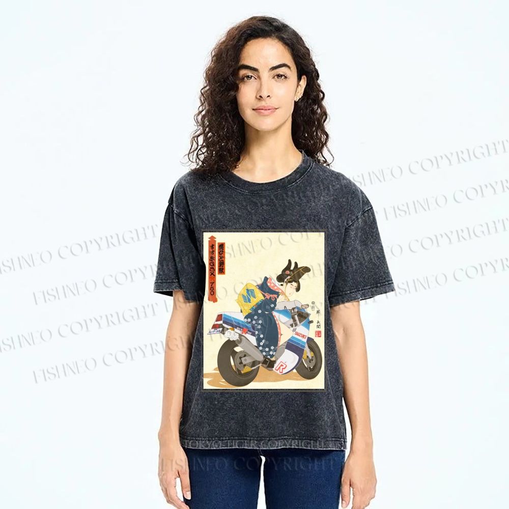 Unisex Modern Ukiyo-e Printed Washed Tee