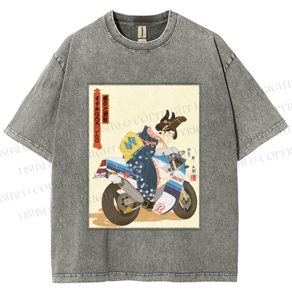 Unisex Modern Ukiyo-e Printed Washed Tee