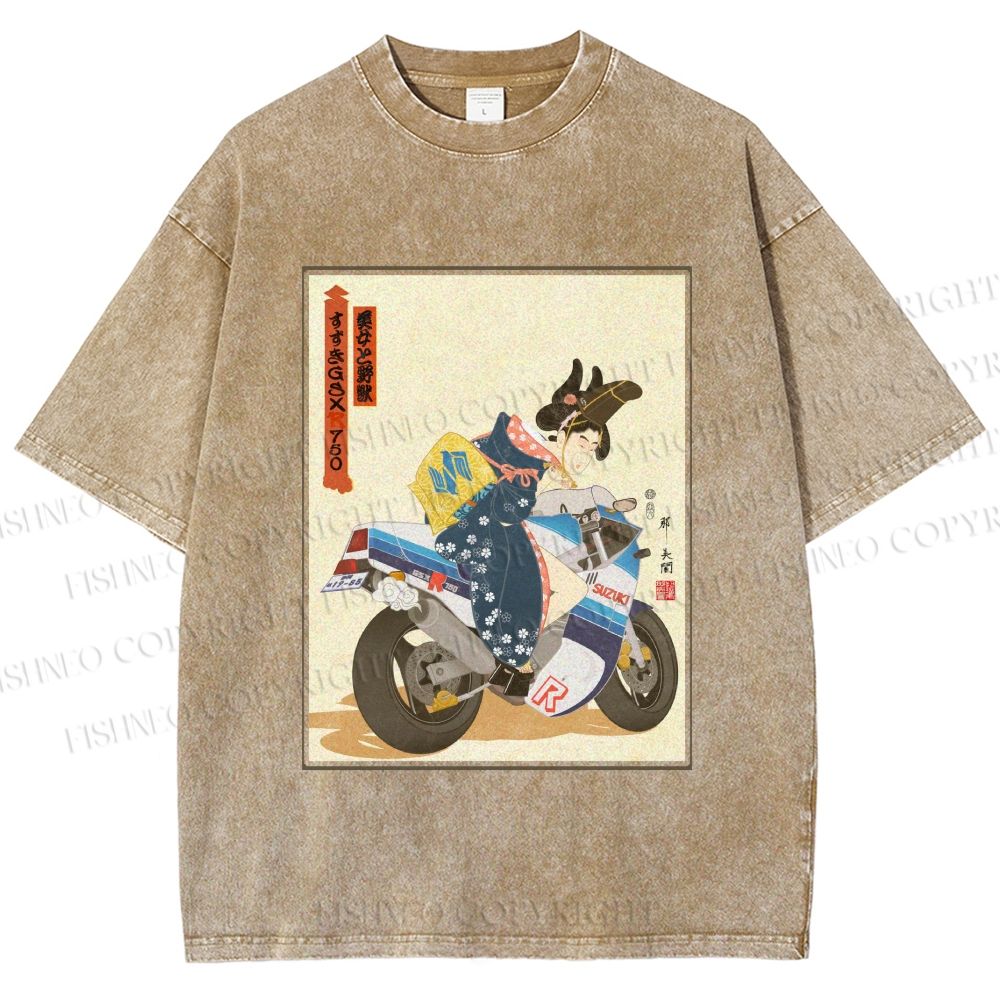 Unisex Modern Ukiyo-e Printed Washed Tee