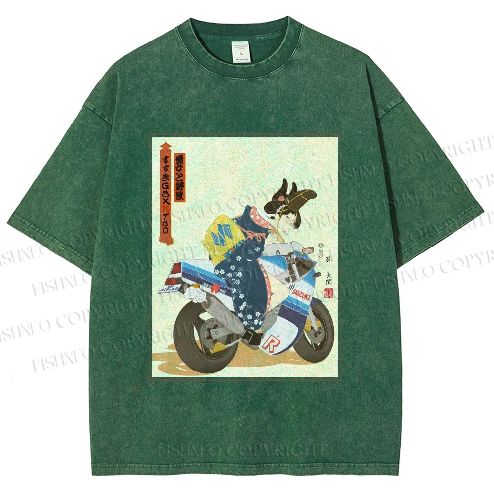 Unisex Modern Ukiyo-e Printed Washed Tee