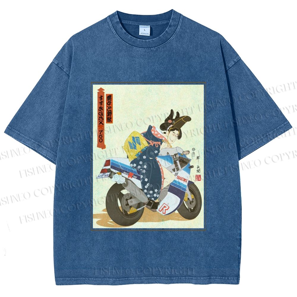 Unisex Modern Ukiyo-e Printed Washed Tee