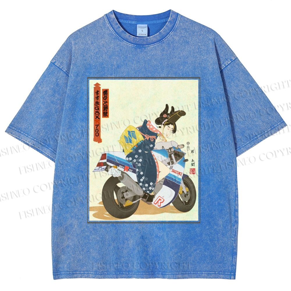 Unisex Modern Ukiyo-e Printed Washed Tee