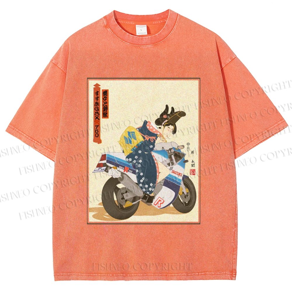 Unisex Modern Ukiyo-e Printed Washed Tee